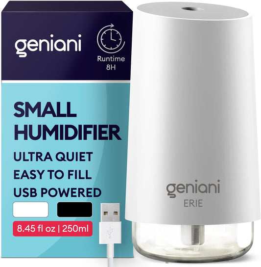 Portable Small Cool Mist Humidifiers - USB Desktop Humidifier for Plants, Office, Car, Baby Room with Auto Shut off & Night Light - Quiet Mini Humidifier (White, 250ML)