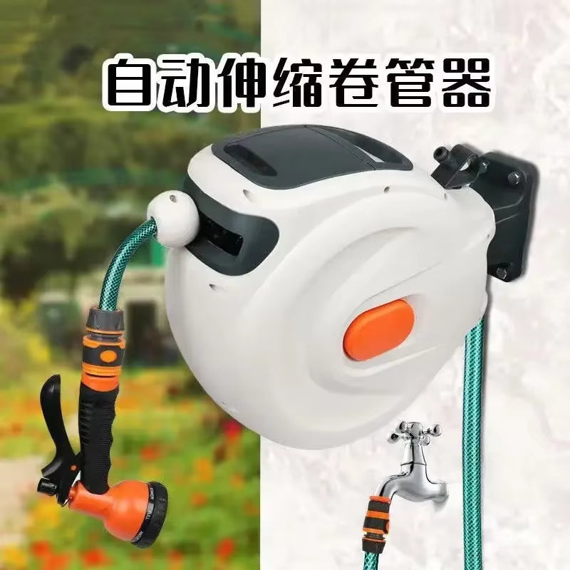 Automatic Rewind Hose Reel: 7-Pattern Nozzle with Slow Return System for Car & Garden