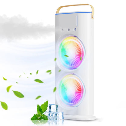 BreezeGlow™ 2-in-1 Dual Mist Cooling Fan – Chill, Hydrate & Light Up Your Space