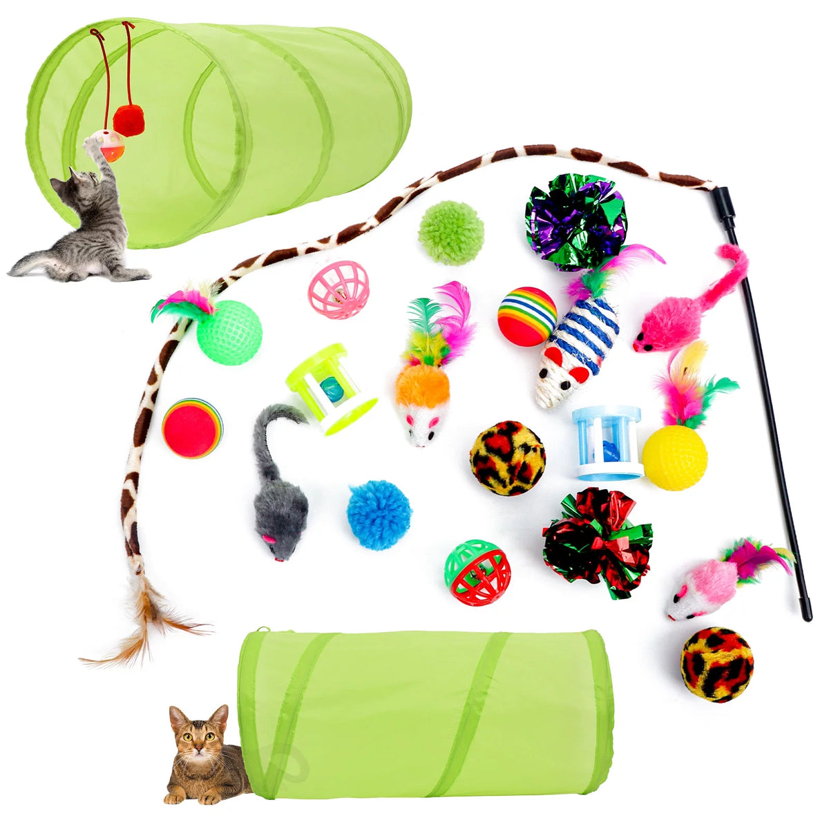 21 Pcs Cat Toys Kitten Toys Assortments Tunnel Interactive Cat Teaser Fluffy Mouse Crinkle Balls for Cat